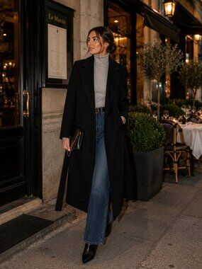 Black Belted Wrap Coat Long Minimalist Tailored Size M